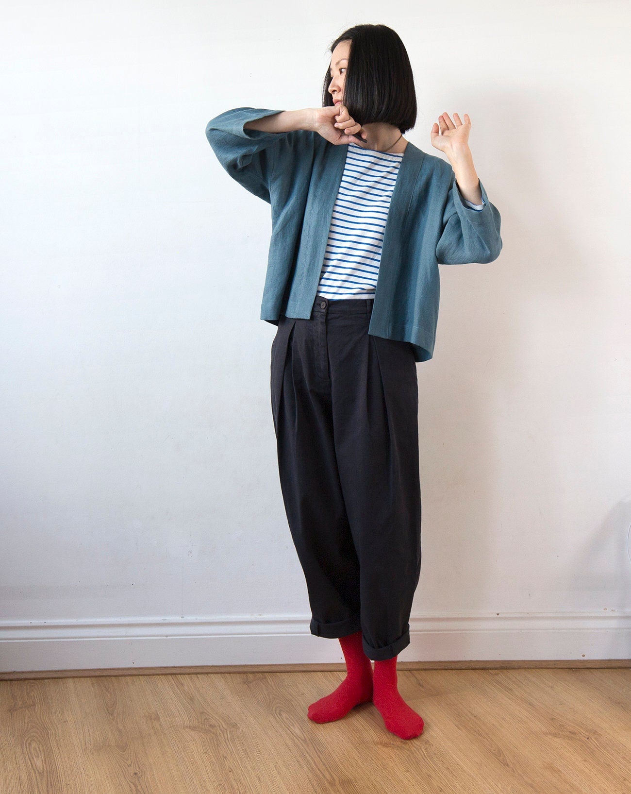 Cloudy lake blue linen kimono jacket