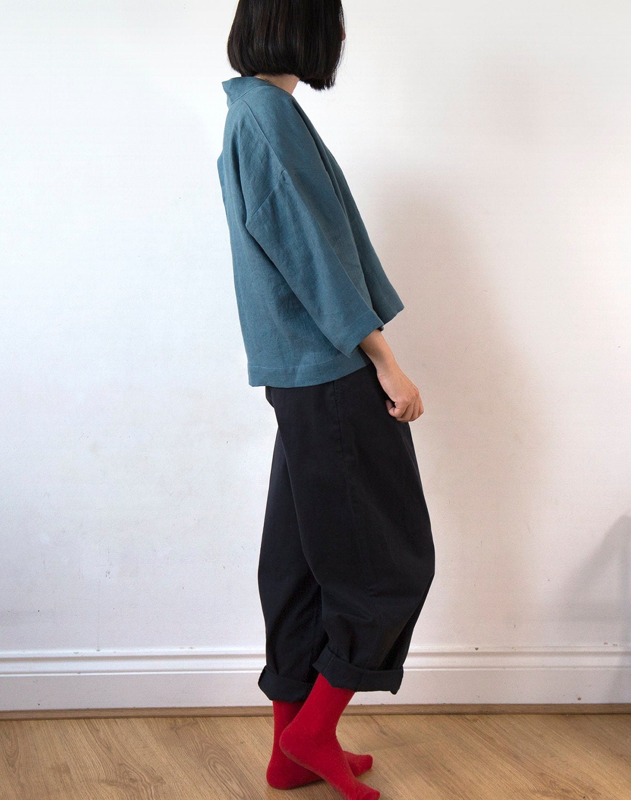 Cloudy lake blue linen kimono jacket