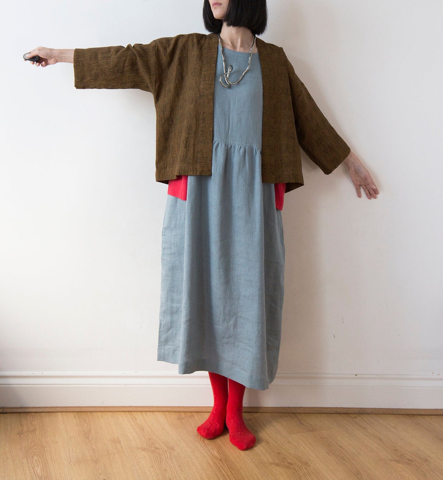 Golden bronze glen check kimono linen jacket