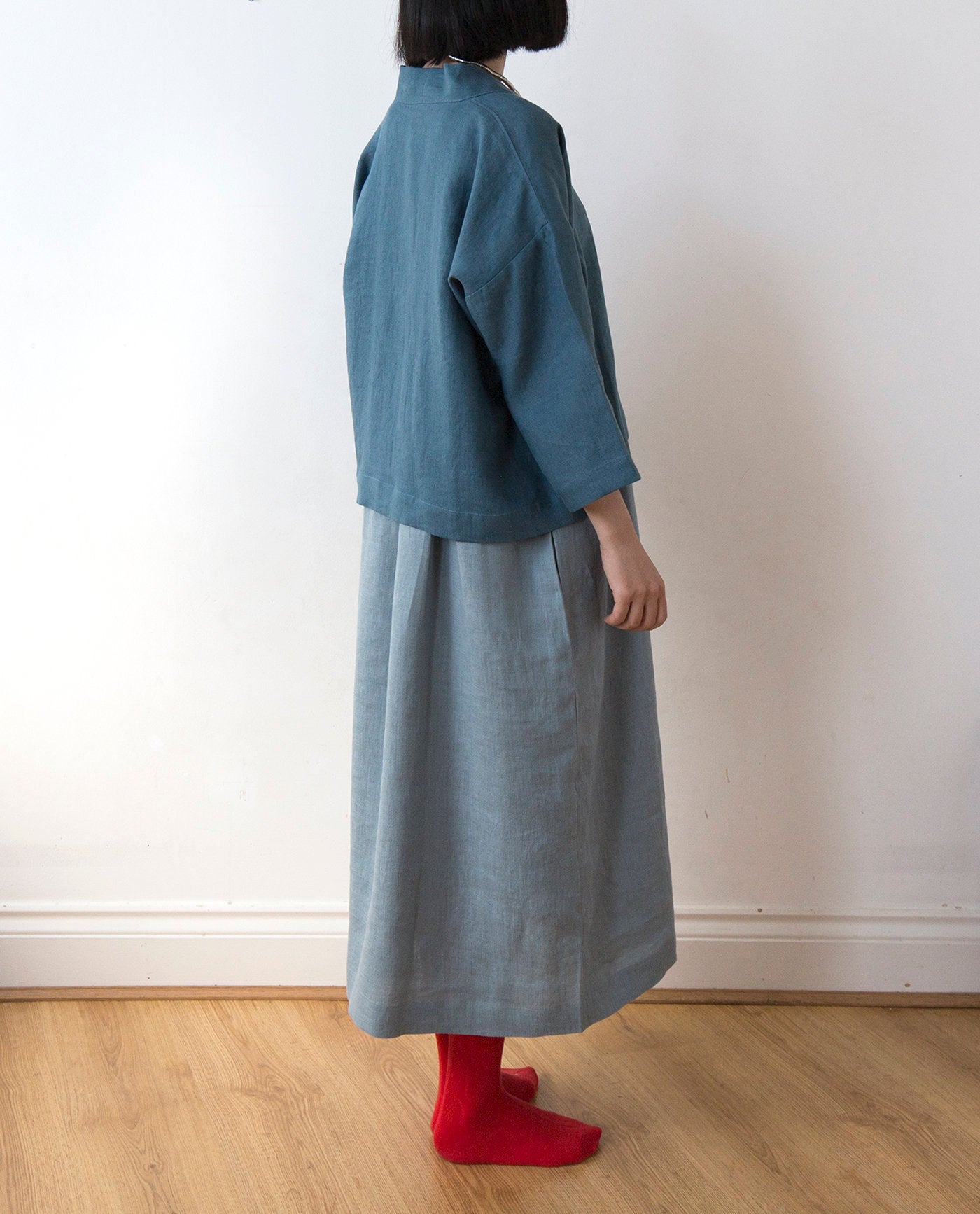 Cloudy lake blue linen kimono jacket