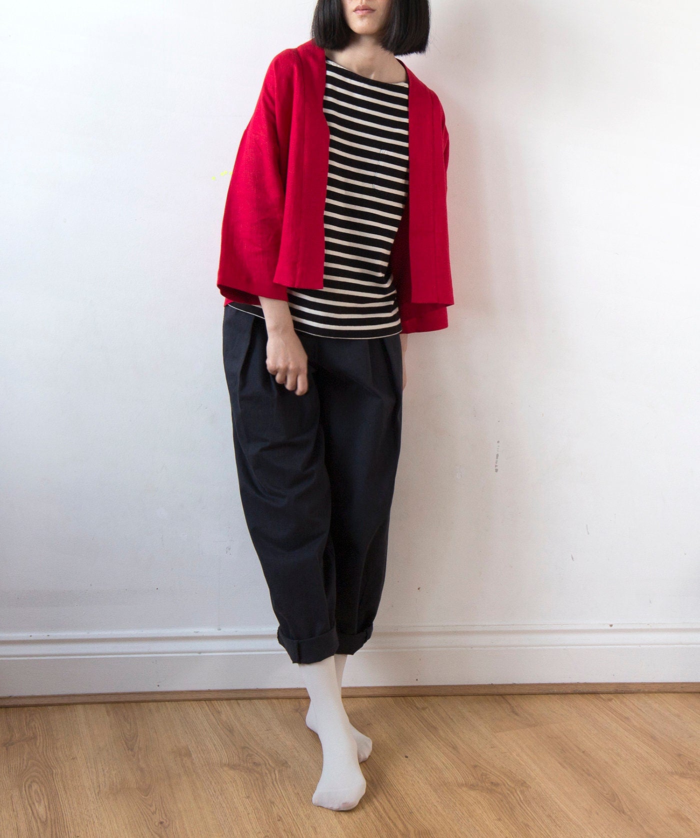 Festive red linen kimono jacket