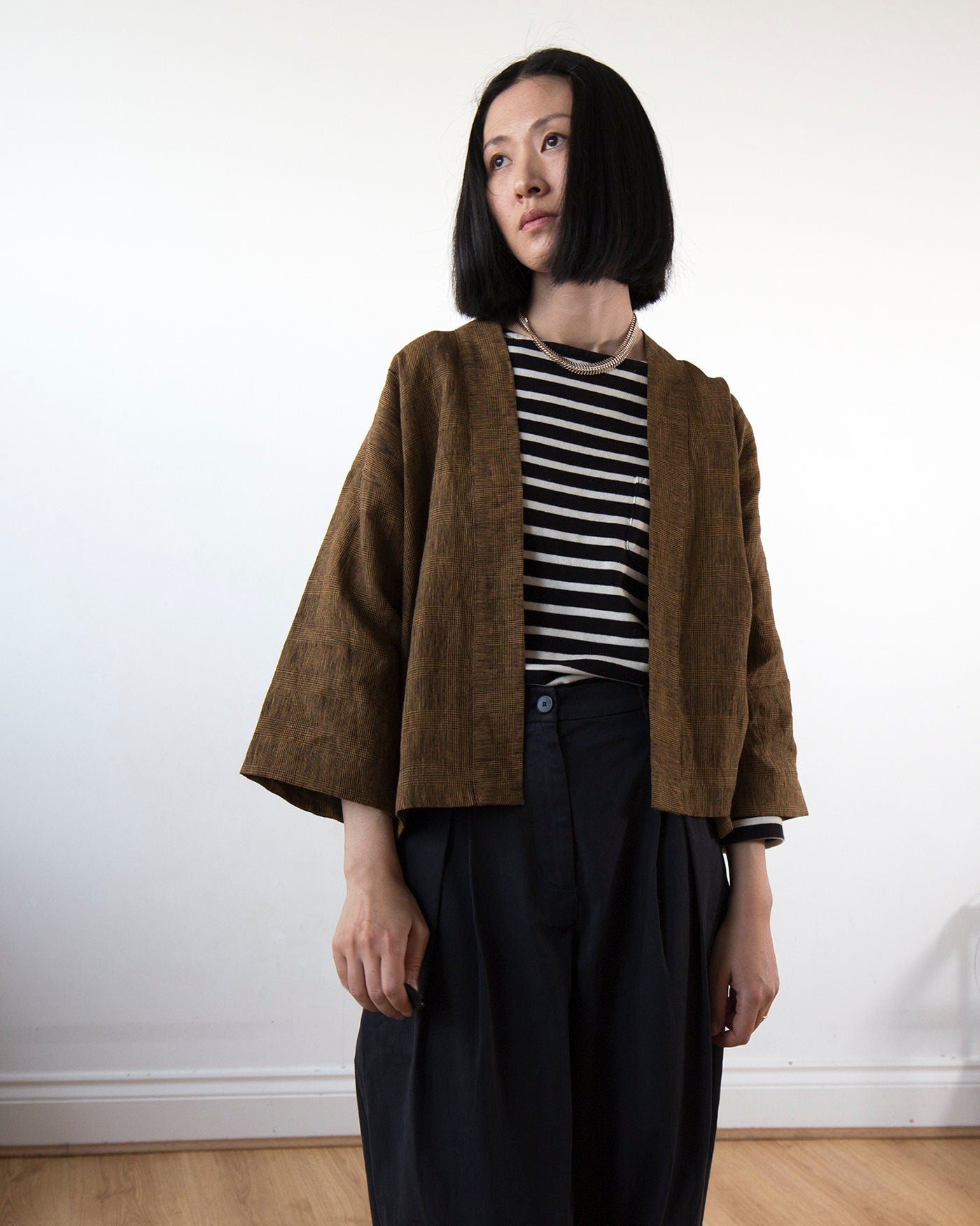 Golden bronze glen check kimono linen jacket