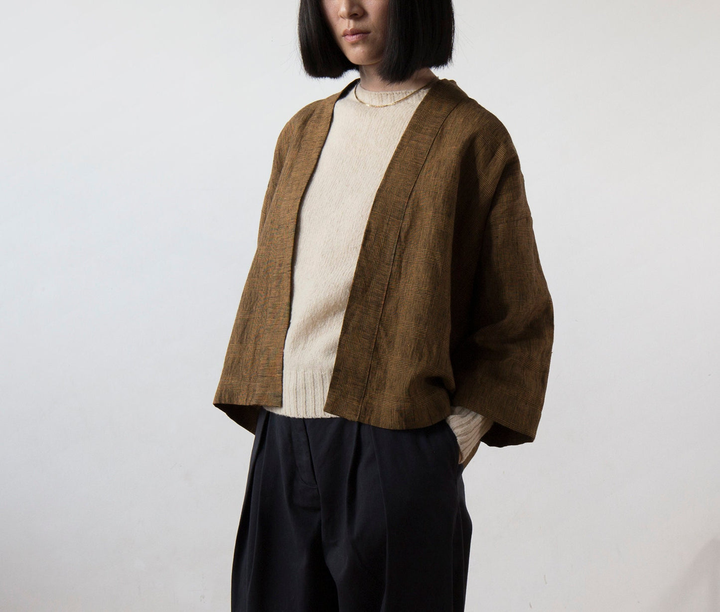 Golden bronze glen check kimono linen jacket