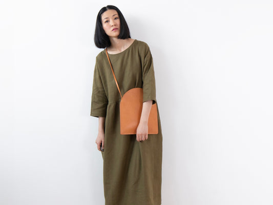 Olive green linen dress, lower-calf length