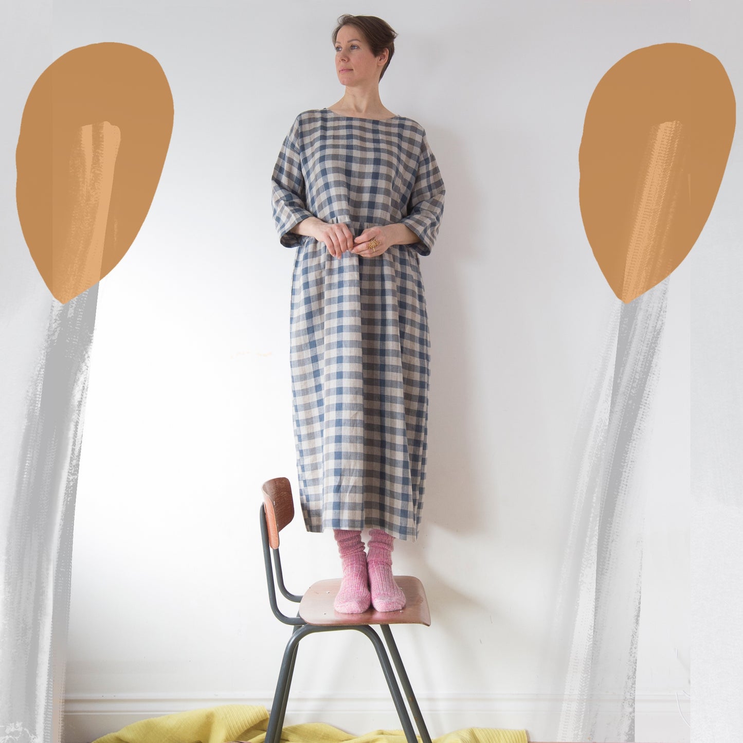 Cottage blue gingham check linen dress, lower-calf length