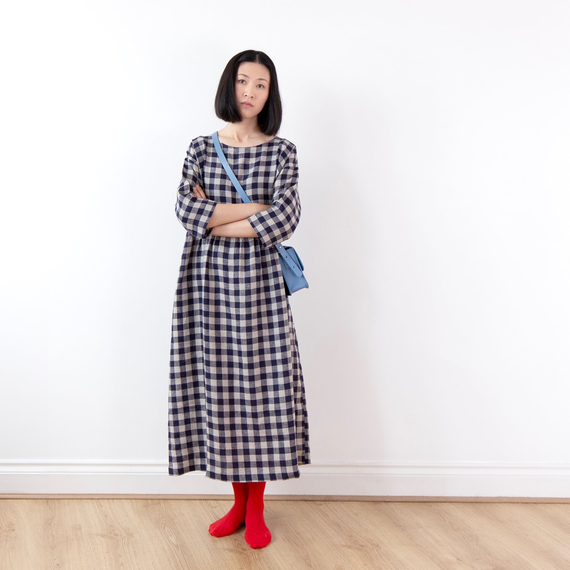 Indigo blue gingham check linen dress, lower-calf length – Yayi And Pony