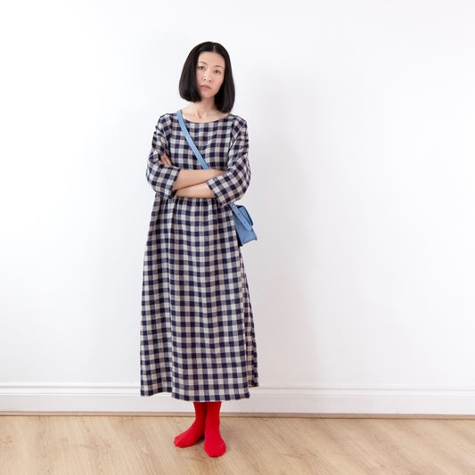 Indigo blue gingham check linen dress, lower-calf length