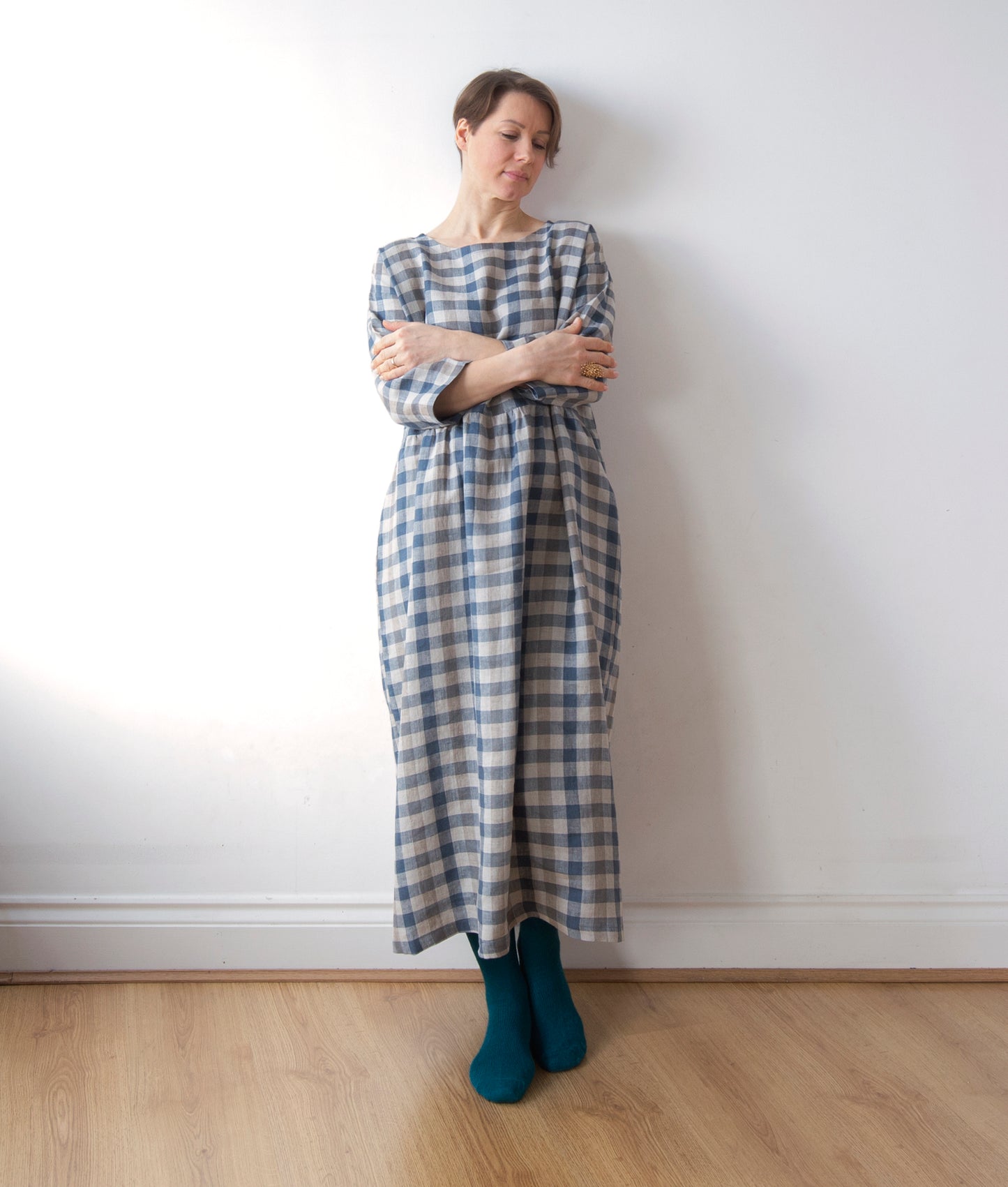 Cottage blue gingham check linen dress, lower-calf length