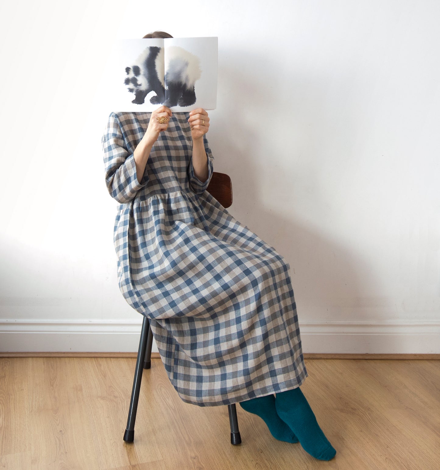 Cottage blue gingham check linen dress, lower-calf length