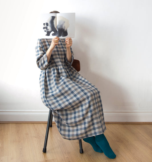 Cottage blue gingham check linen dress, lower-calf length