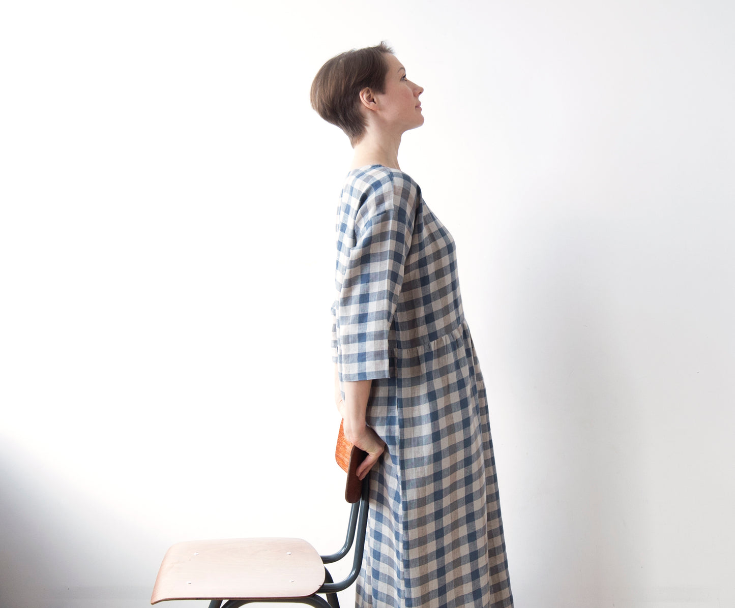 Cottage blue gingham check linen dress, lower-calf length