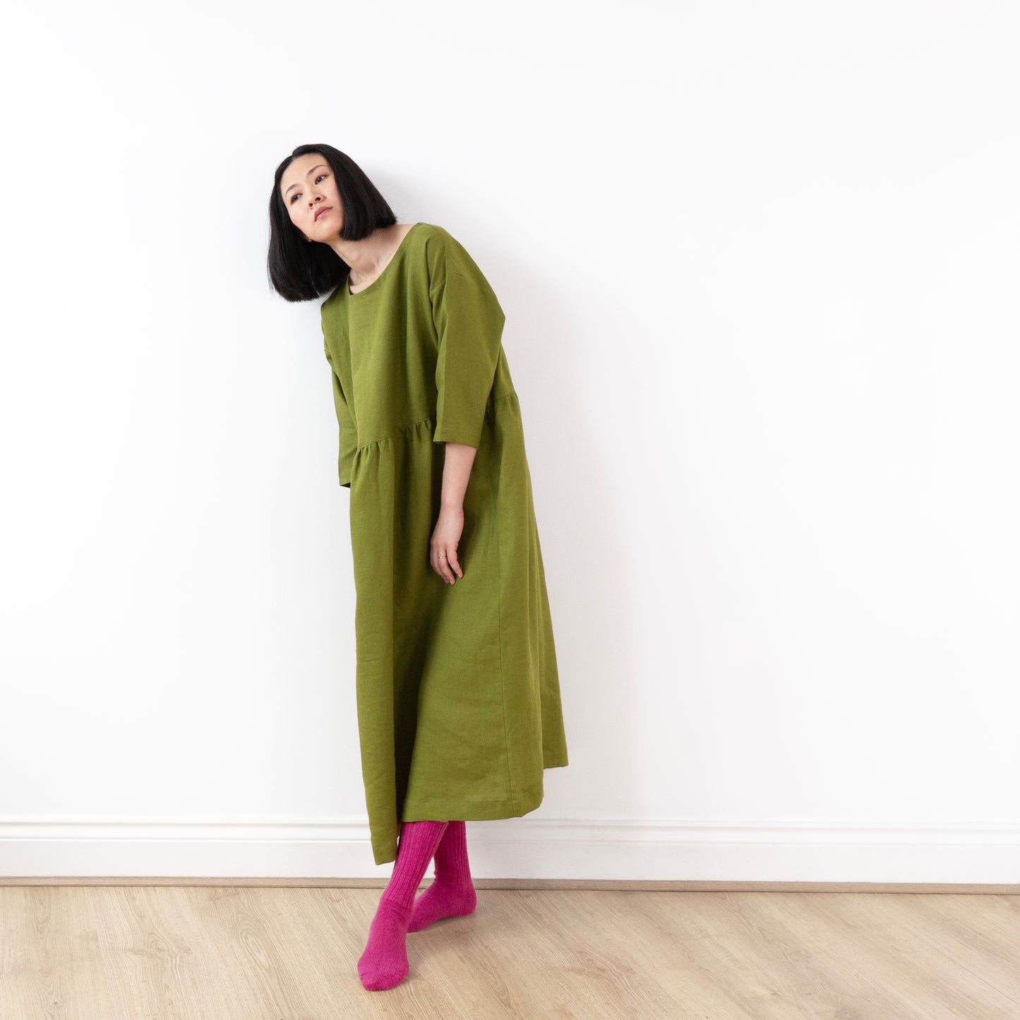 Rice field green linen dress