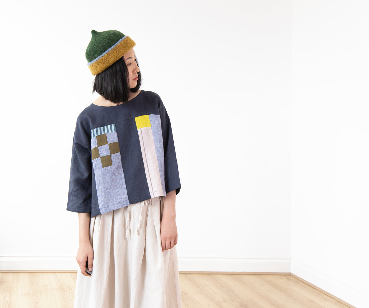Dark mustard yellow edge and green top woollen hat