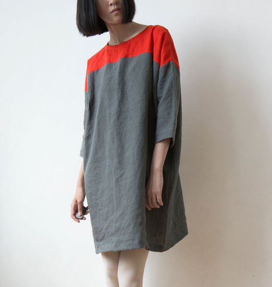 Vibrant orange red and dark grey linen dress