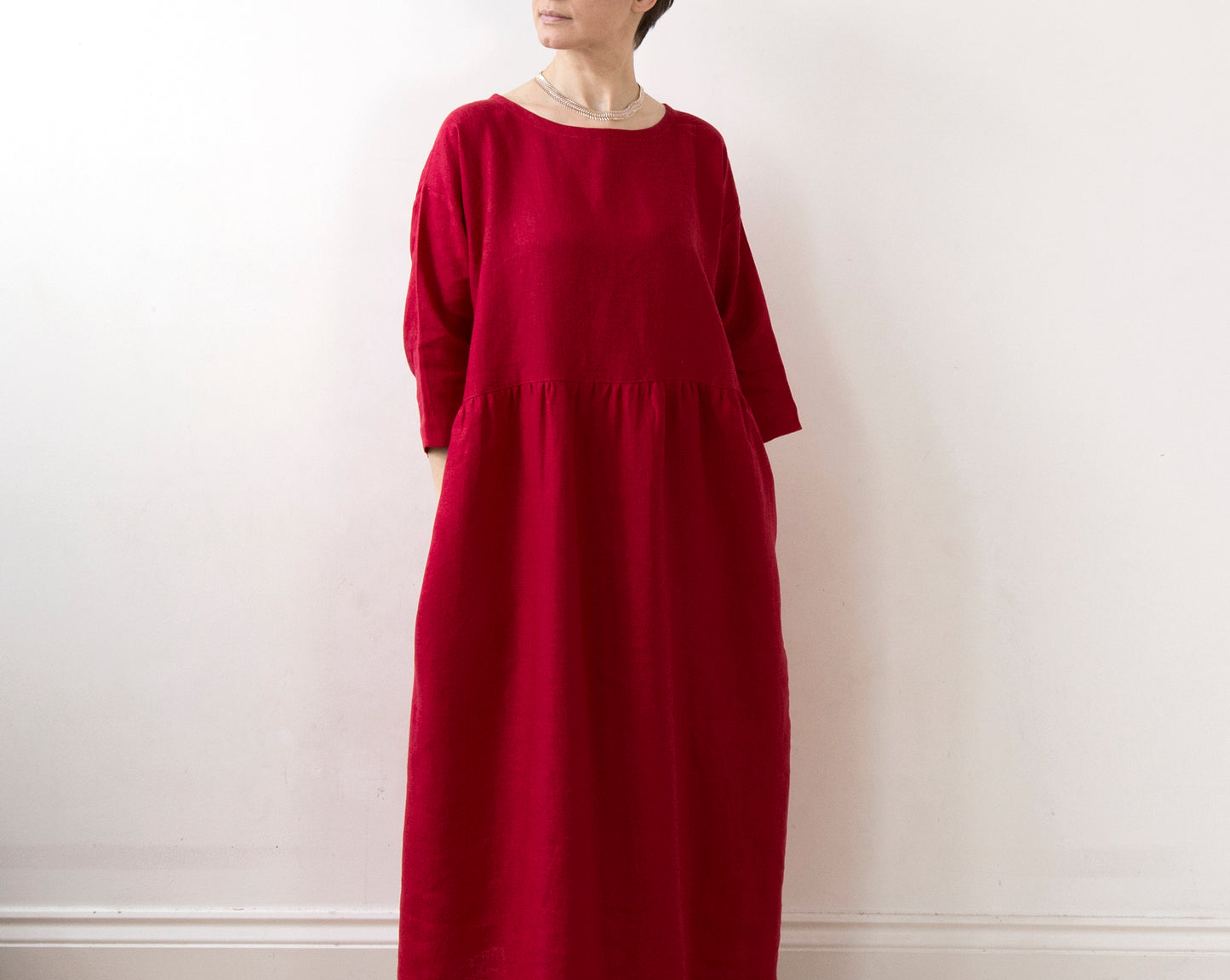 Festive red linen dress, lower-calf length