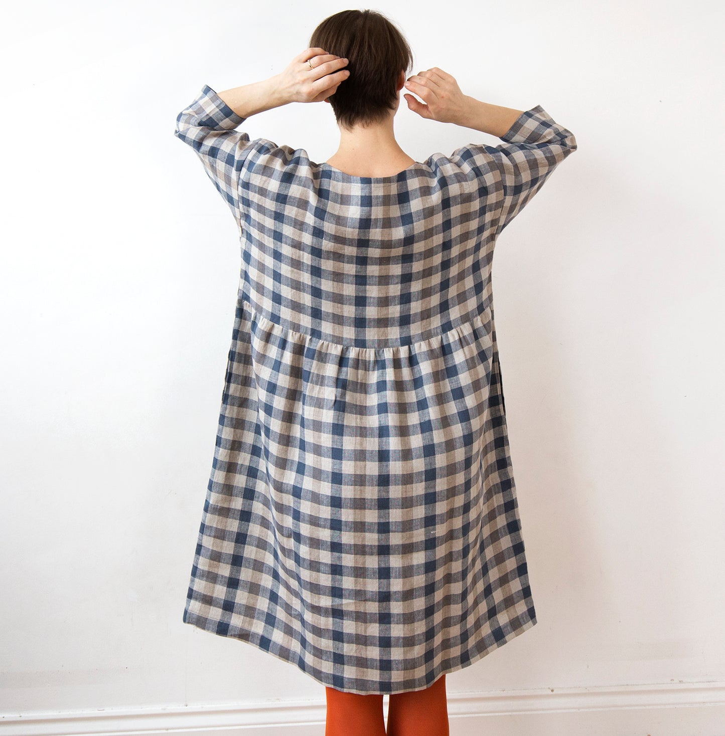 Cottage blue gingham check linen dress