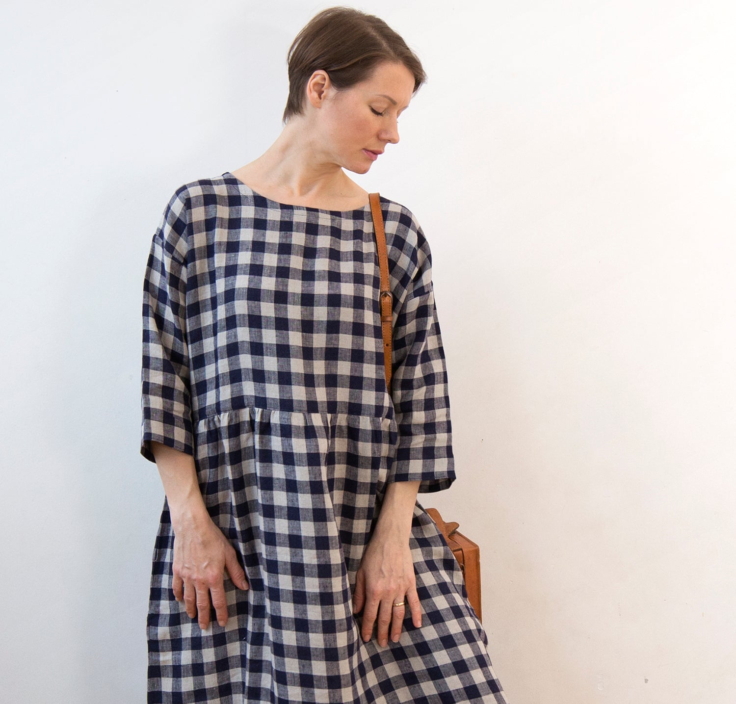 Indigo blue gingham check linen dress, lower-calf length – Yayi