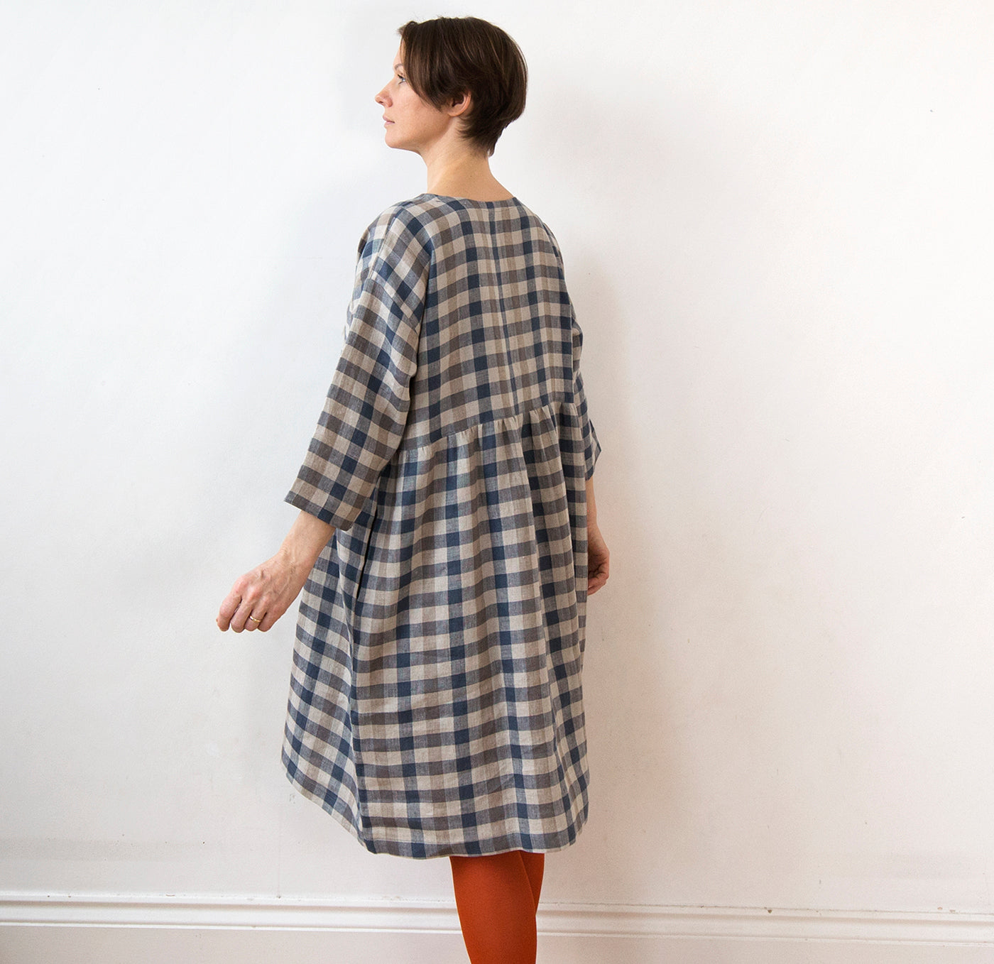 Cottage blue gingham check linen dress