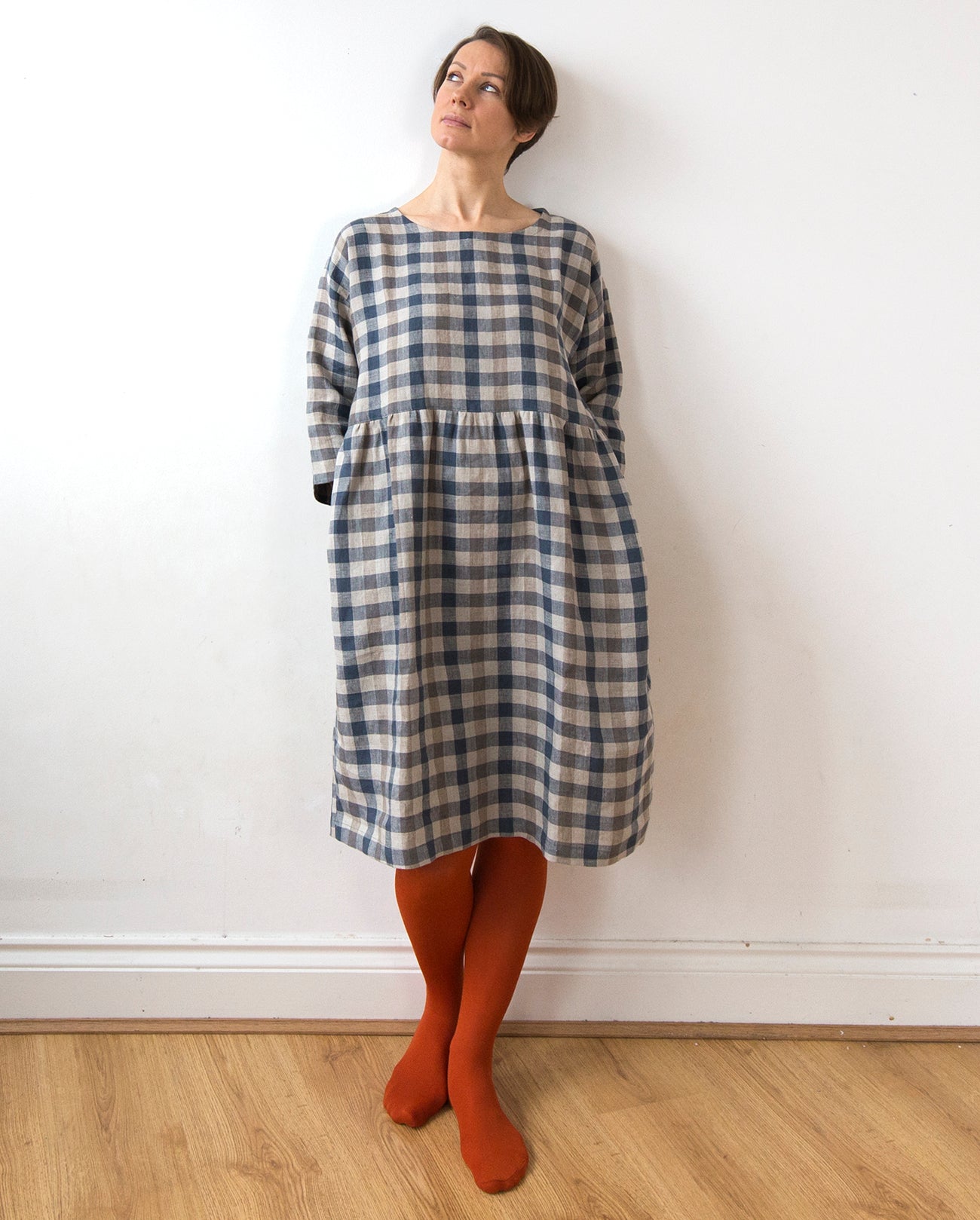 Cottage blue gingham check linen dress