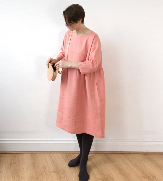 Coral pink linen dress, knee length