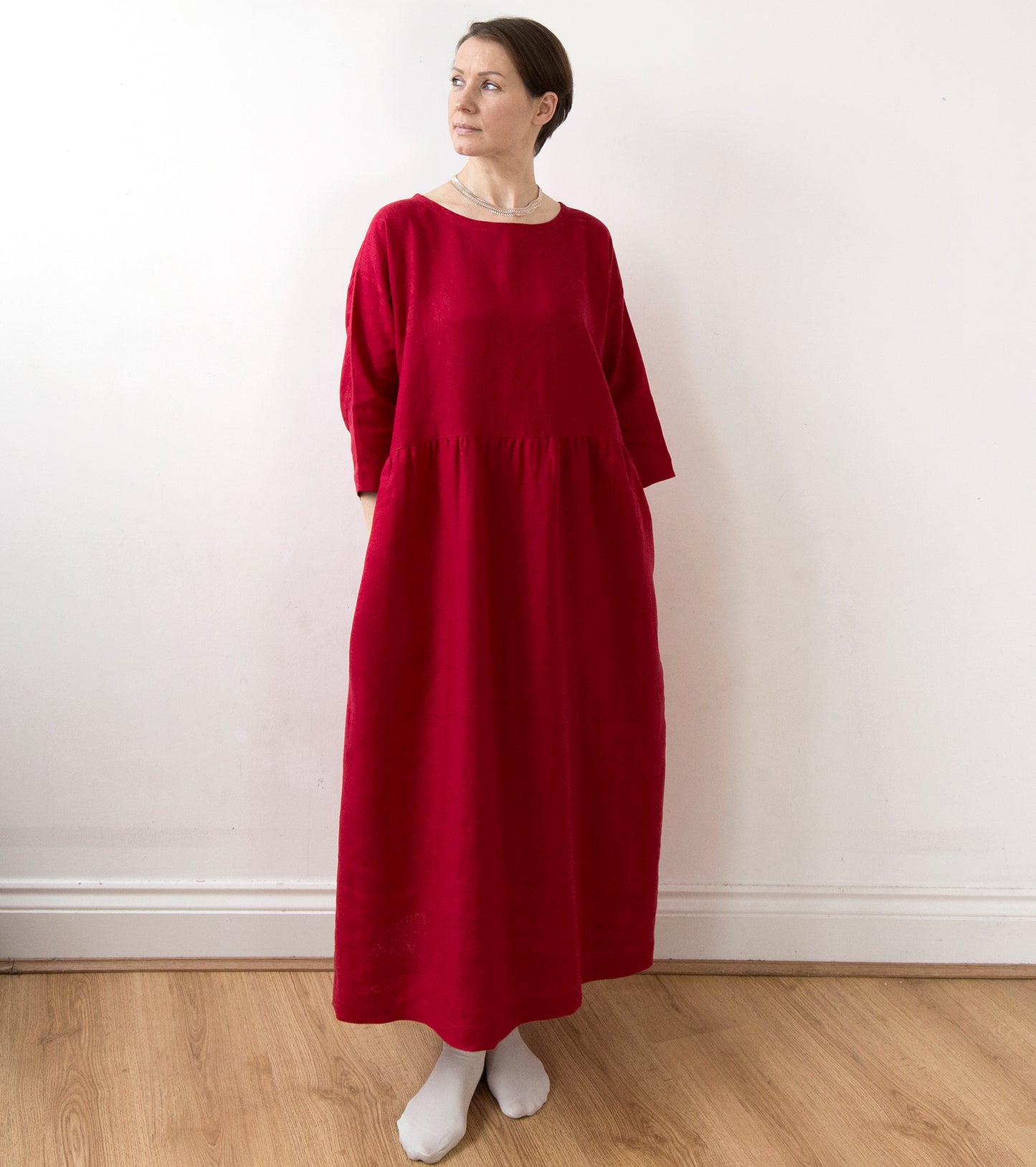 Festive red linen dress, lower-calf length