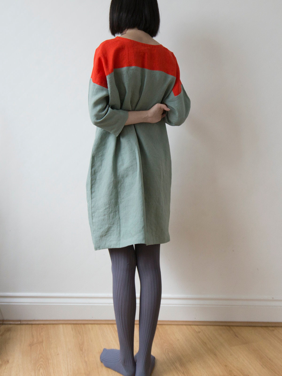 Vibrant orange red and celadon blue linen dress