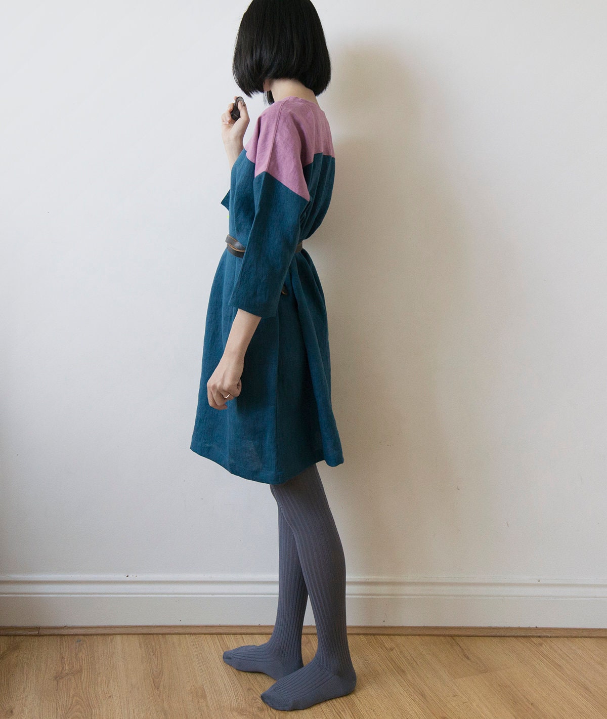 Wild orchid pink and dark teal blue linen dress