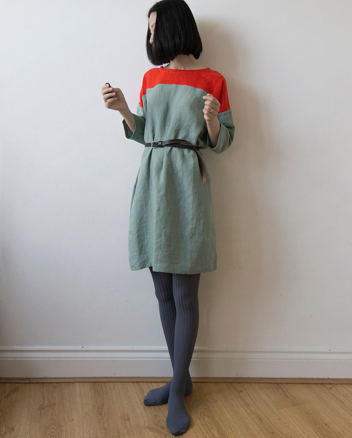 Vibrant orange red and celadon blue linen dress