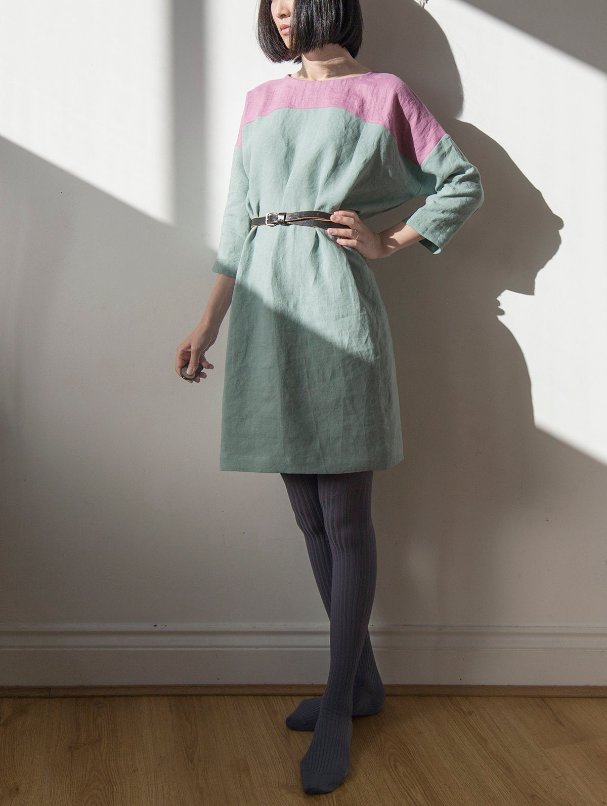 Wild orchid pink and celadon blue linen dress