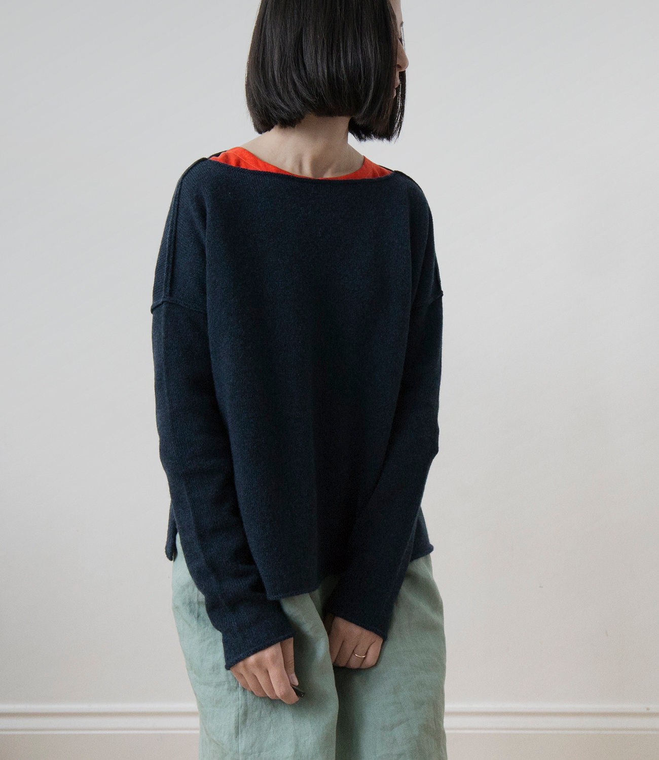 Vibrant orange red and celadon blue linen dress