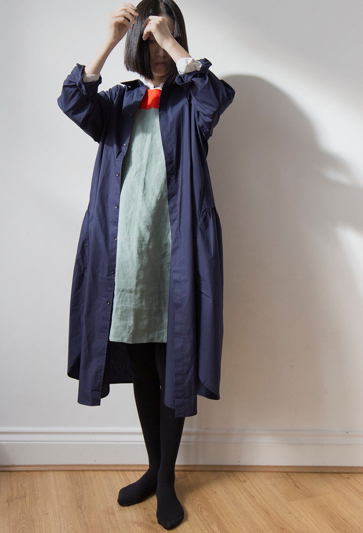 Vibrant orange red and celadon blue linen dress