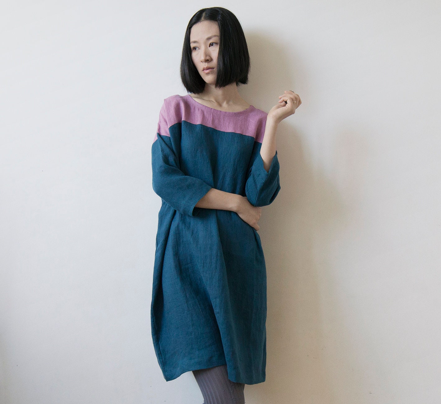 Wild orchid pink and dark teal blue linen dress