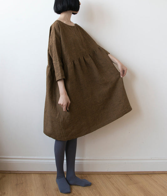 Golden bronze glen check linen dress