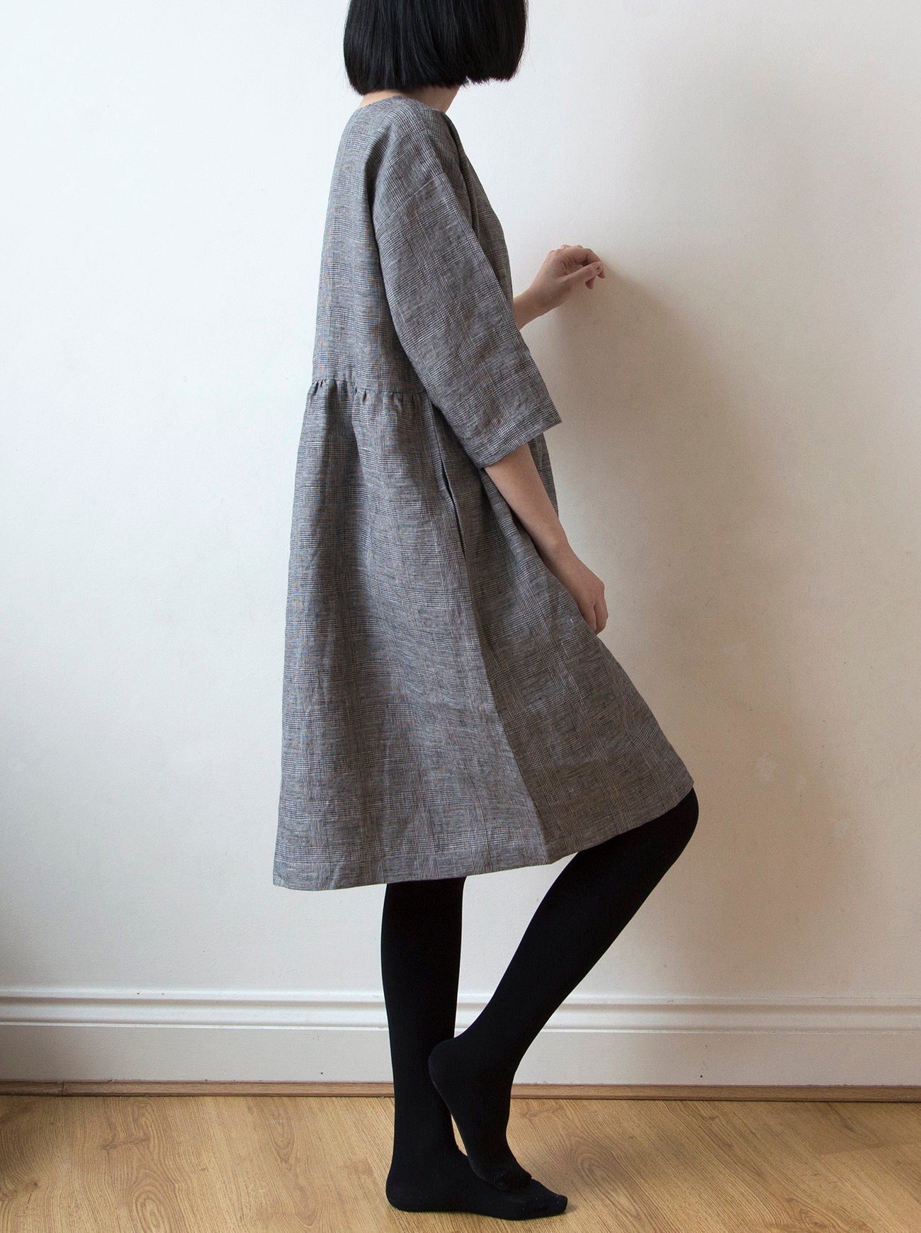 grey check linen dress Checkered linen oversized voluminous sleeves dress GRETA OffOn