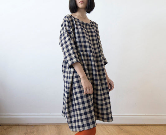 Indigo blue gingham check linen dress