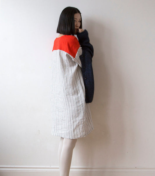 Vibrant orange red and off white stripe linen tunic dress