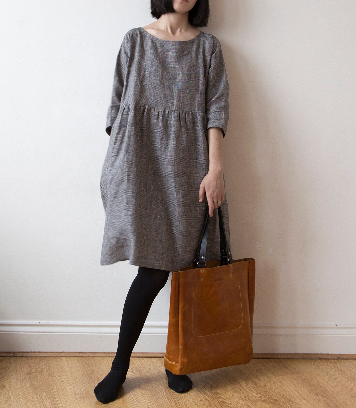 Grey glen check linen dress