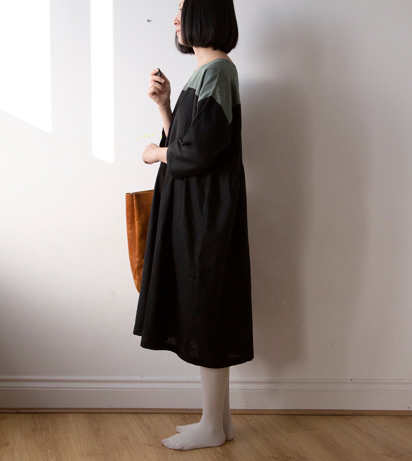 Ink black and muted green linen dress