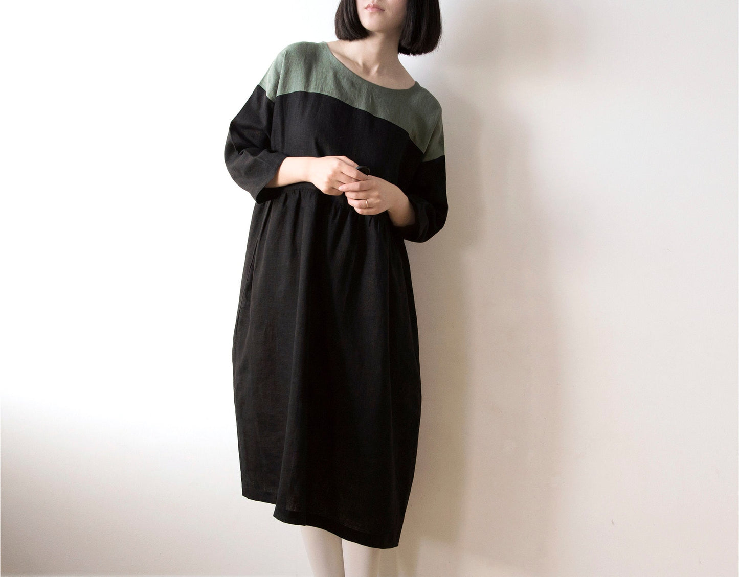 Ink black and muted green linen dress