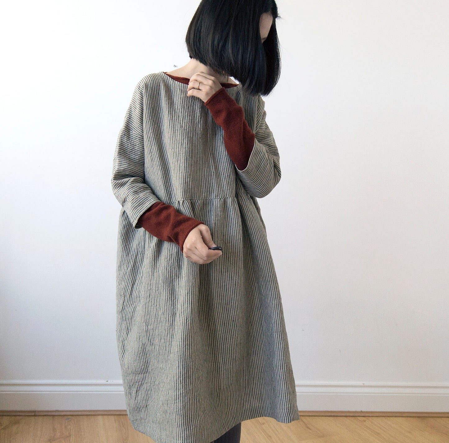 Fine stripe grey linen dress