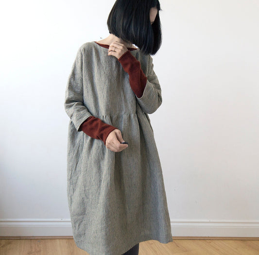 Fine stripe grey linen dress