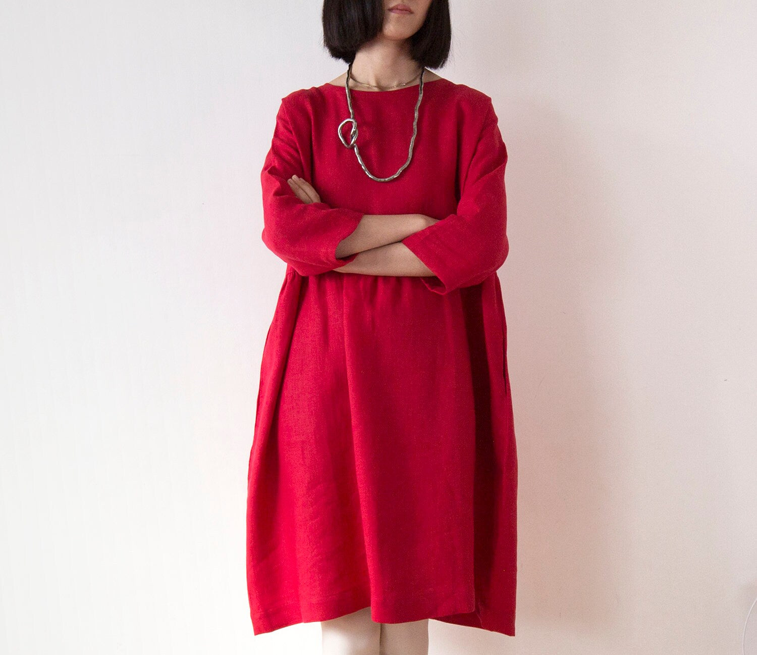 Red linen online dress