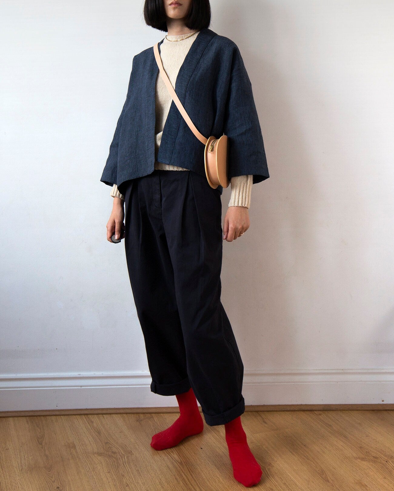 Navy glen check linen kimono jacket