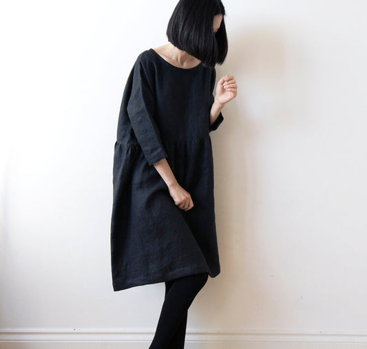 Black textured linen dress
