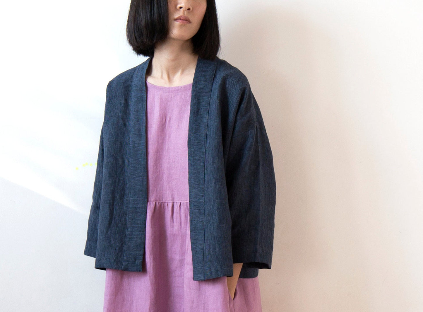 Navy glen check linen kimono jacket