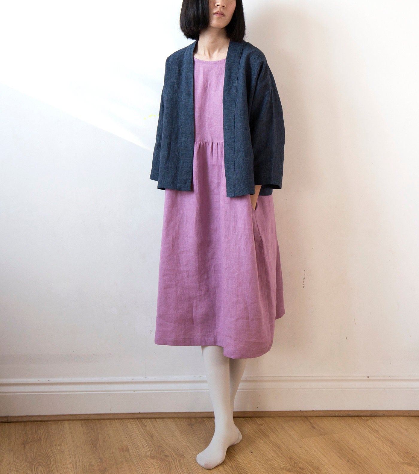 Navy glen check linen kimono jacket