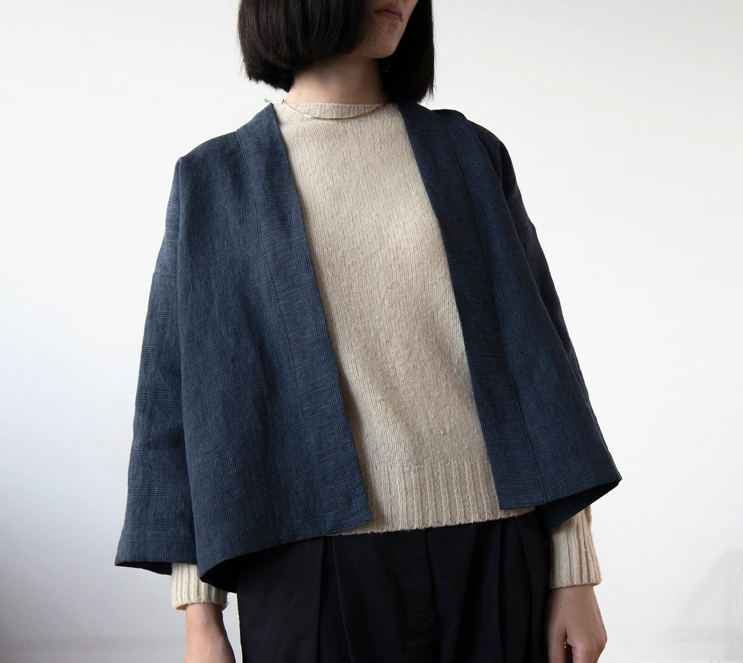 Navy glen check linen kimono jacket