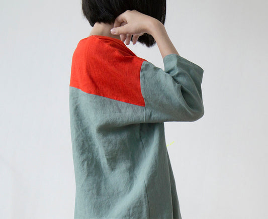Vibrant orange red and celadon blue linen dress