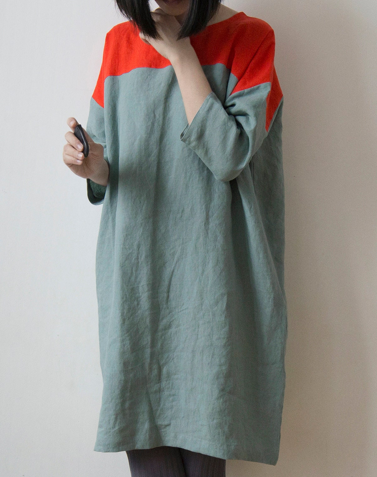 Vibrant orange red and celadon blue linen dress