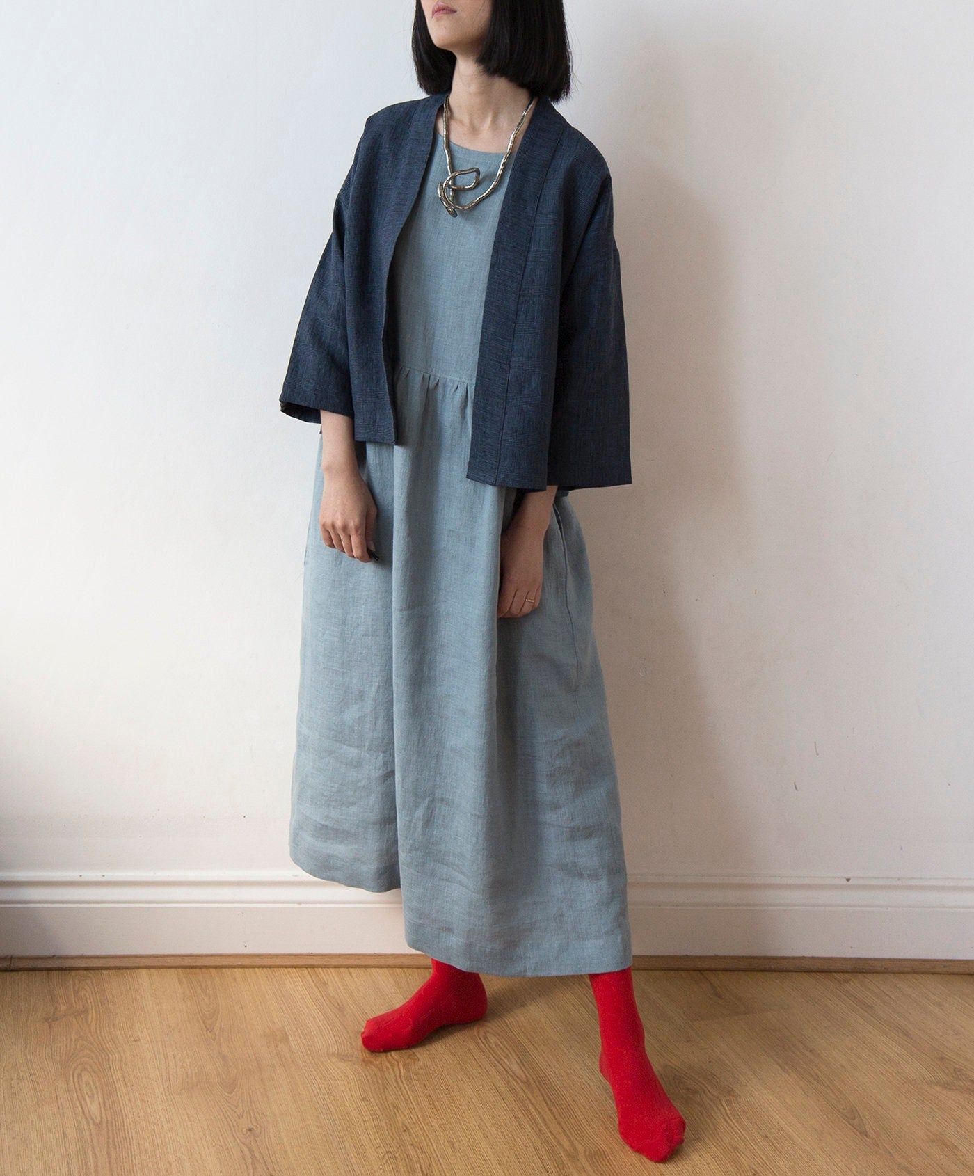 Navy glen check linen kimono jacket